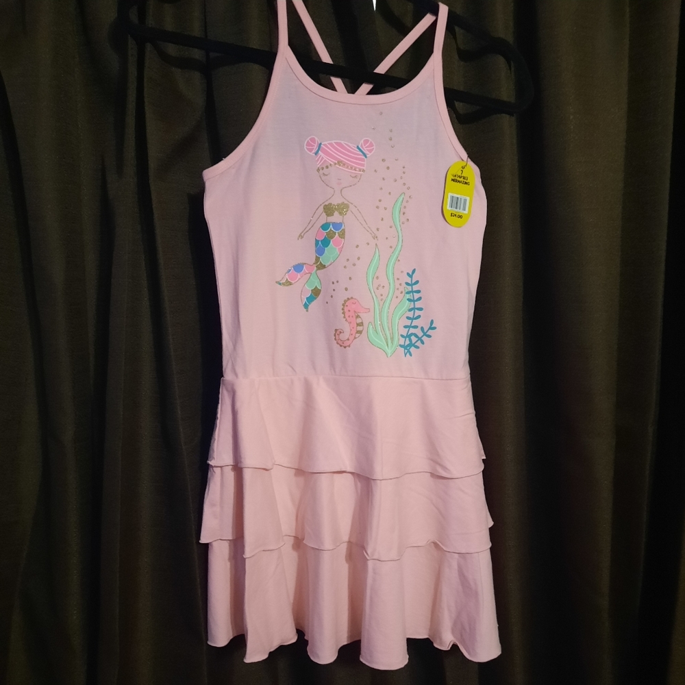 Girls Size 7 Lightning Bug Dress Pink with Mermaid print in front